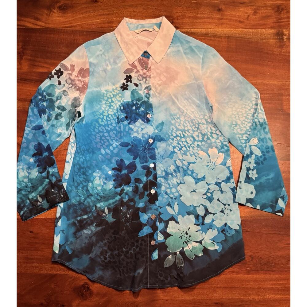 Soft Surroundings Jolene Blue Watercolor Silk Floral Button Up Tunic Sz Small